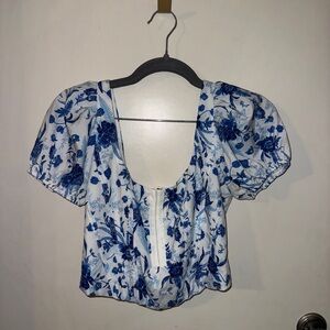 Tiger mist Floral Blue and White Women's Top